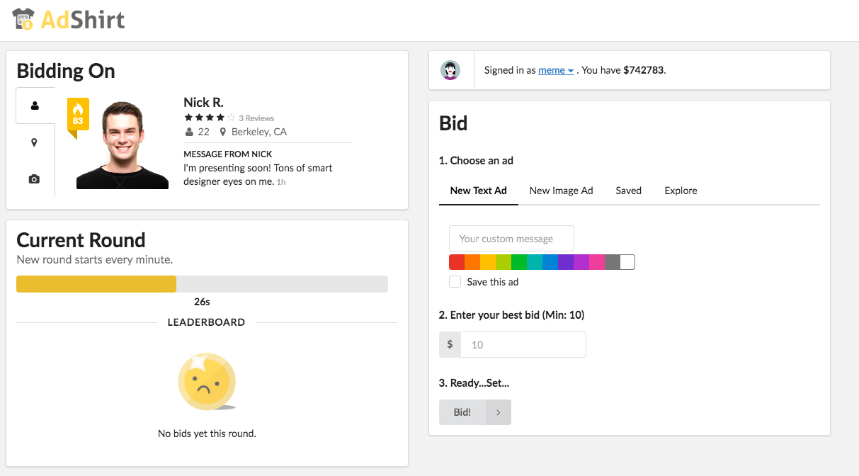 A screenshot of the Adshirt bidding platform