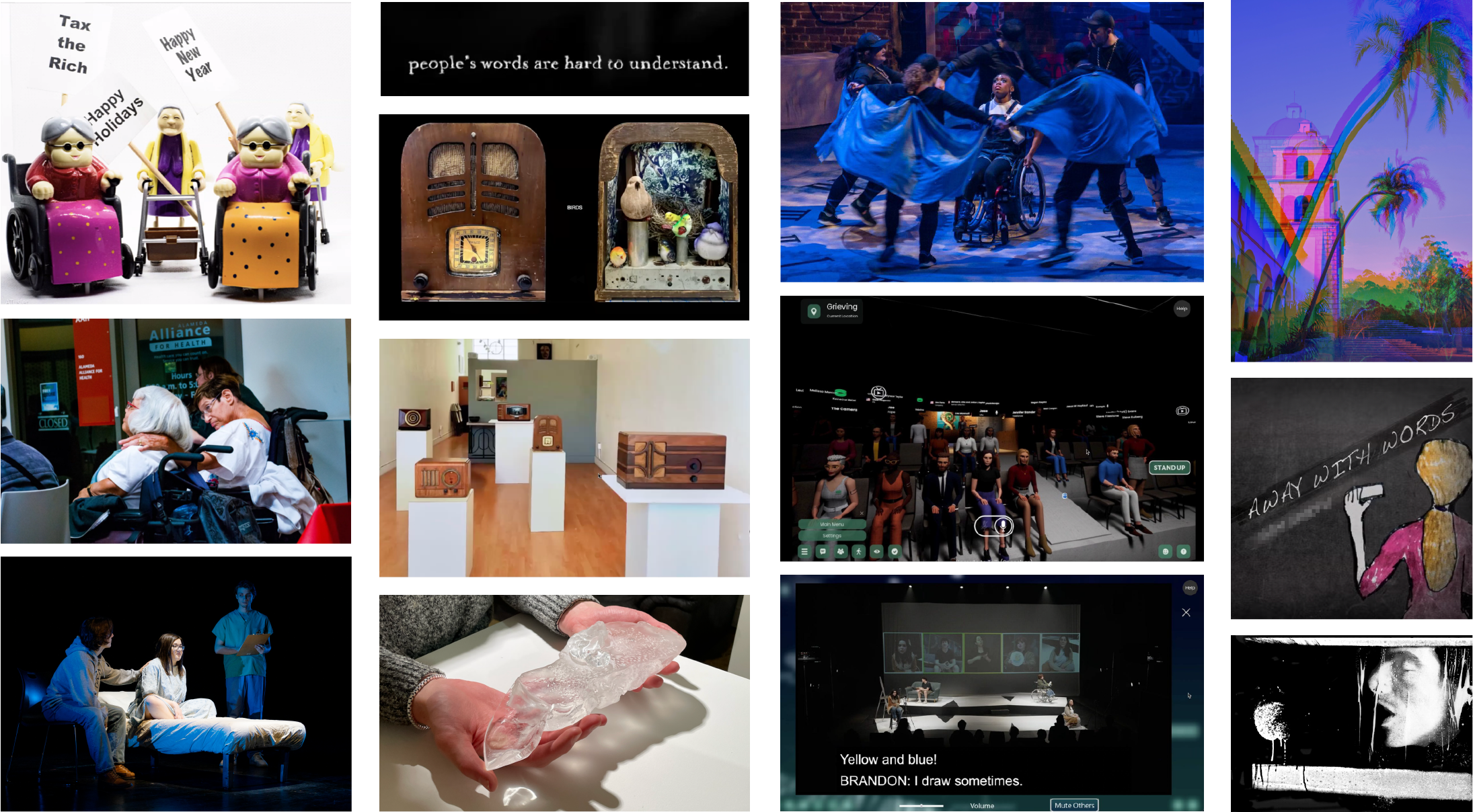 A collage of artwork from our participants, include theater performances, glassblown objects, drawings, and photography.
