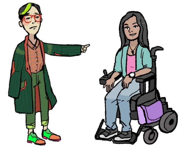 An illustration of a gender non-conforming person and a person in a wheelchair.