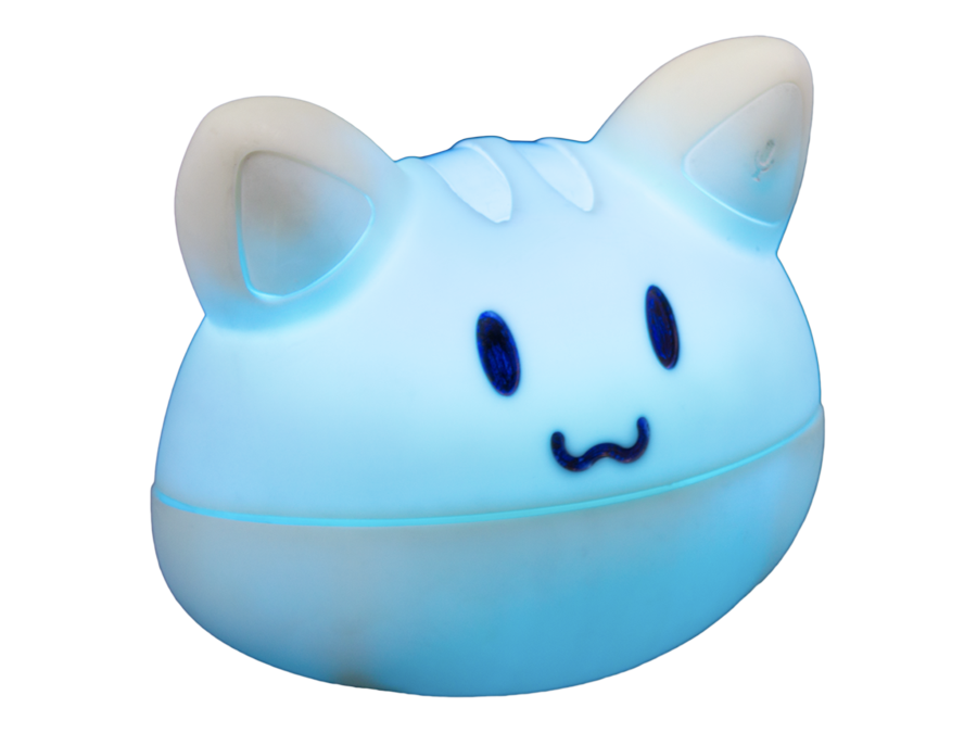 A small cat like toy glowing blue. He likes you.