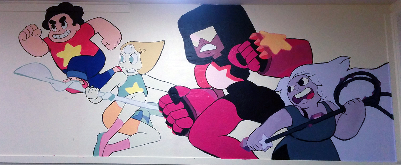 A full shot of the mural: Steven and the Crystal Gems charging into action