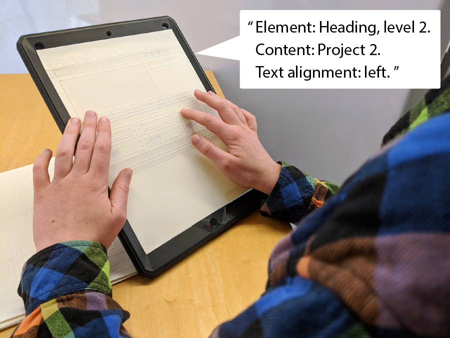A user double taps on a tactile sheet and hears our tool speak information about the layout element.