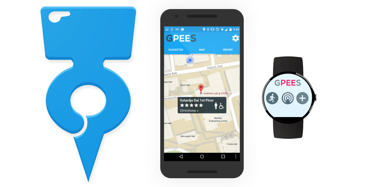 The G-Pee-S logo, and its interface on a smart phone and smart watch.