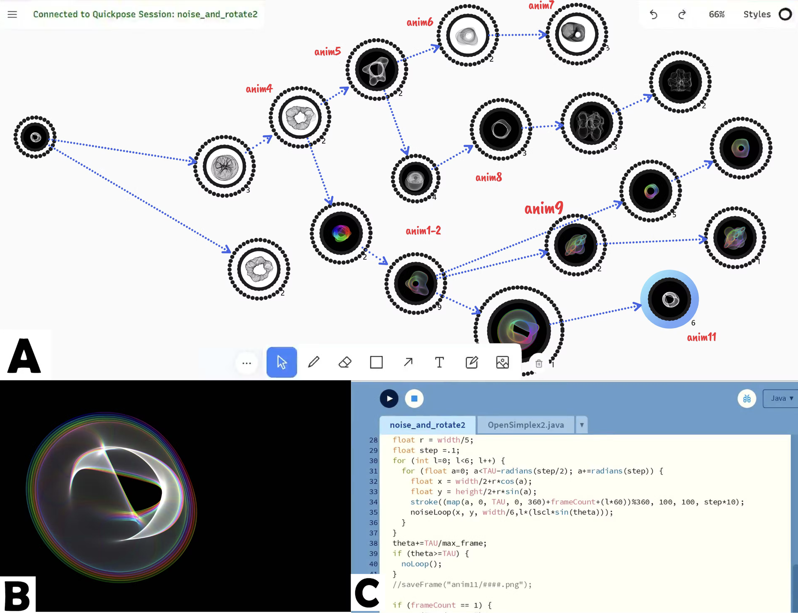A screenshot of the Quickpose app, which shows a graph in which different versions of an artwork are nodes.